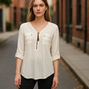 NWT Cathy Daniels White Roll-Sleeve Top size Small Lightweight 3/4 Zip Front